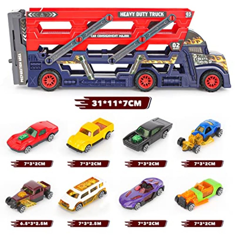 Camion de Transport Voiture Enfant avec Petite Voiture, Panneaux Route,  Cadeau Camion Jouet pour 3 4 5 Ans Garcon (Rouge)