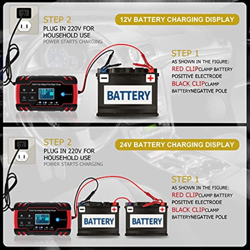 Chargeur de Batterie Intelligent 8A 12V/24V pour Voiture et Moto - Convient  aux Batteries AGM, GEL