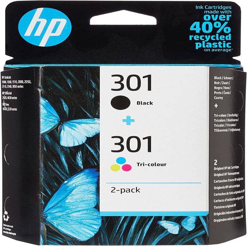 HP 301 - pack de 2 - noir, couleur (cyan, magenta, jaune) - original -  cartouche d'encre (N9J72AE)